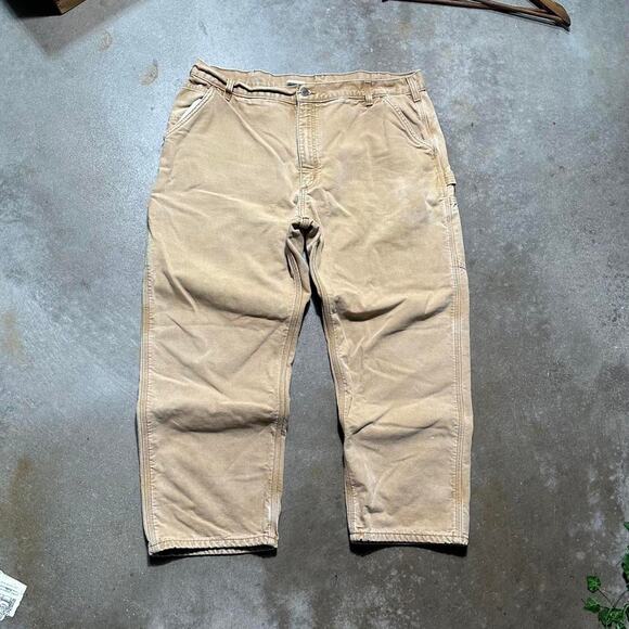Vintage Carhartt Tan Blanket Flannel Lined Carpenter Pants Mens 42x30 Jeans - Picture 3 of 6